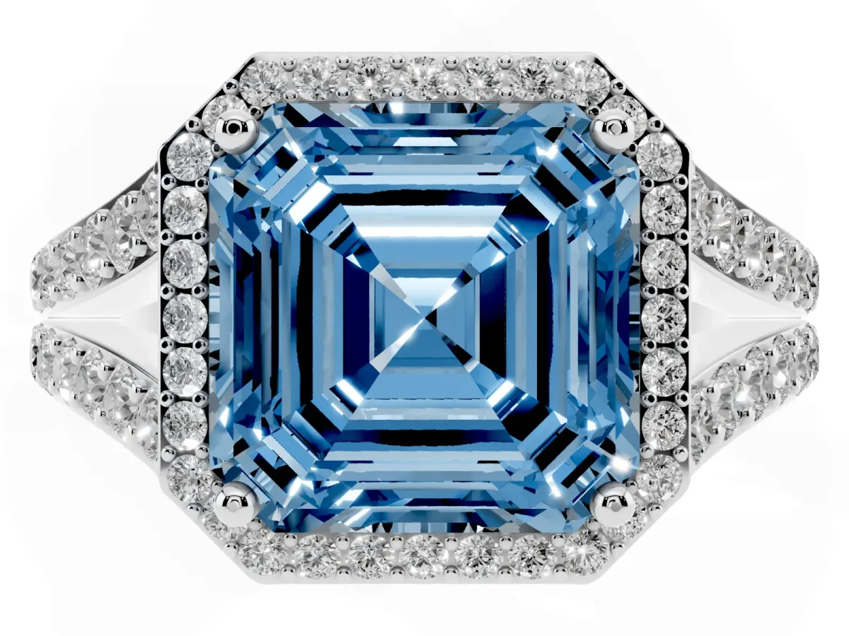 Fancy Blue Asscher Cut Diamond Split Shank Halo Ring with Four-Prong Setting Silver