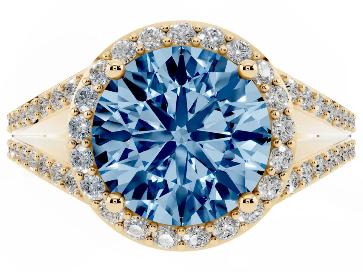 Fancy Blue Round Cut Halo Split Shank Pave Diamond Ring with Four-Prong Setting Yellow gold