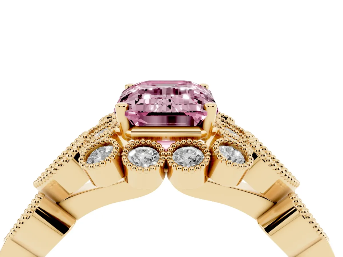 Fancy Pink Emerald Cut Brilliant Milgrain Pave Heart Band Solitaire Ring Yellow gold