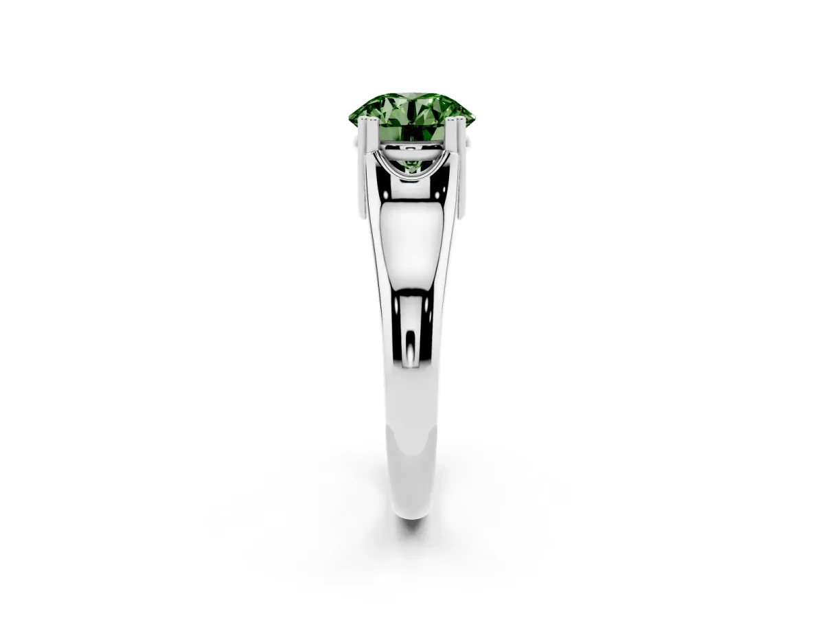 Fancy Green Round Cut Diamond Solitaire Ring with Wide Band and Prong Setting Silver