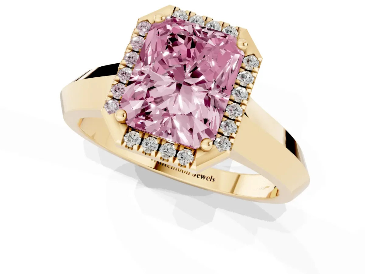 Fancy Pink Radiant Cut Halo Diamond Ring with Cathedral Band and Four-Prong Setting Yellow gold