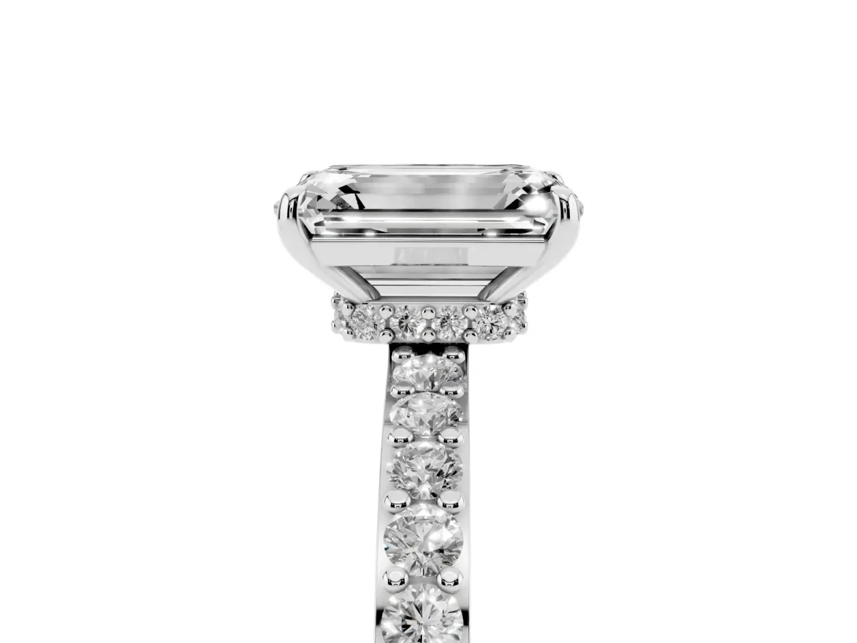 Emerald Cut Diamond Solitaire Engagement Ring with Pavé Band and Four-Prong Setting Platinum
