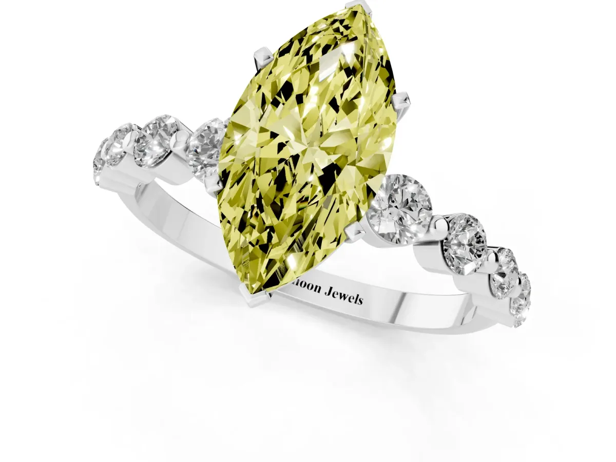 Fancy Yellow Marquise Cut Solitaire Diamond Ring with Pave Band and Four-Prong Setting Silver