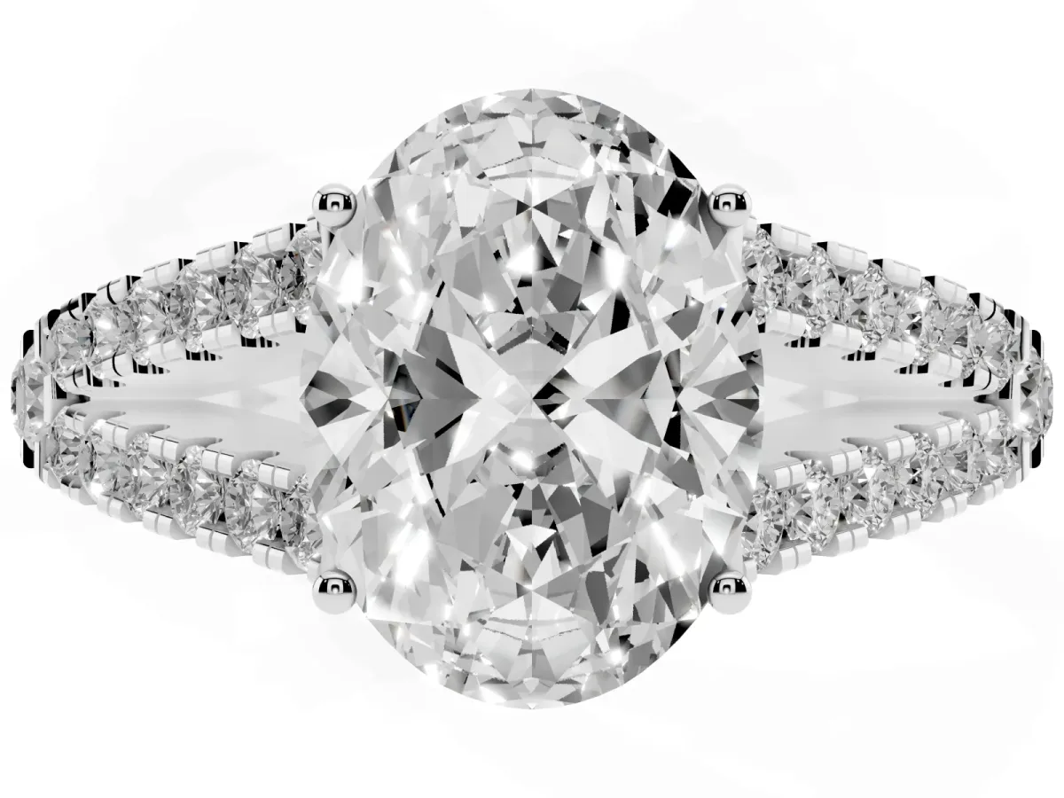 Oval Cut Diamond Split Shank Pavé Engagement Ring with Four-Prong Setting Platinum