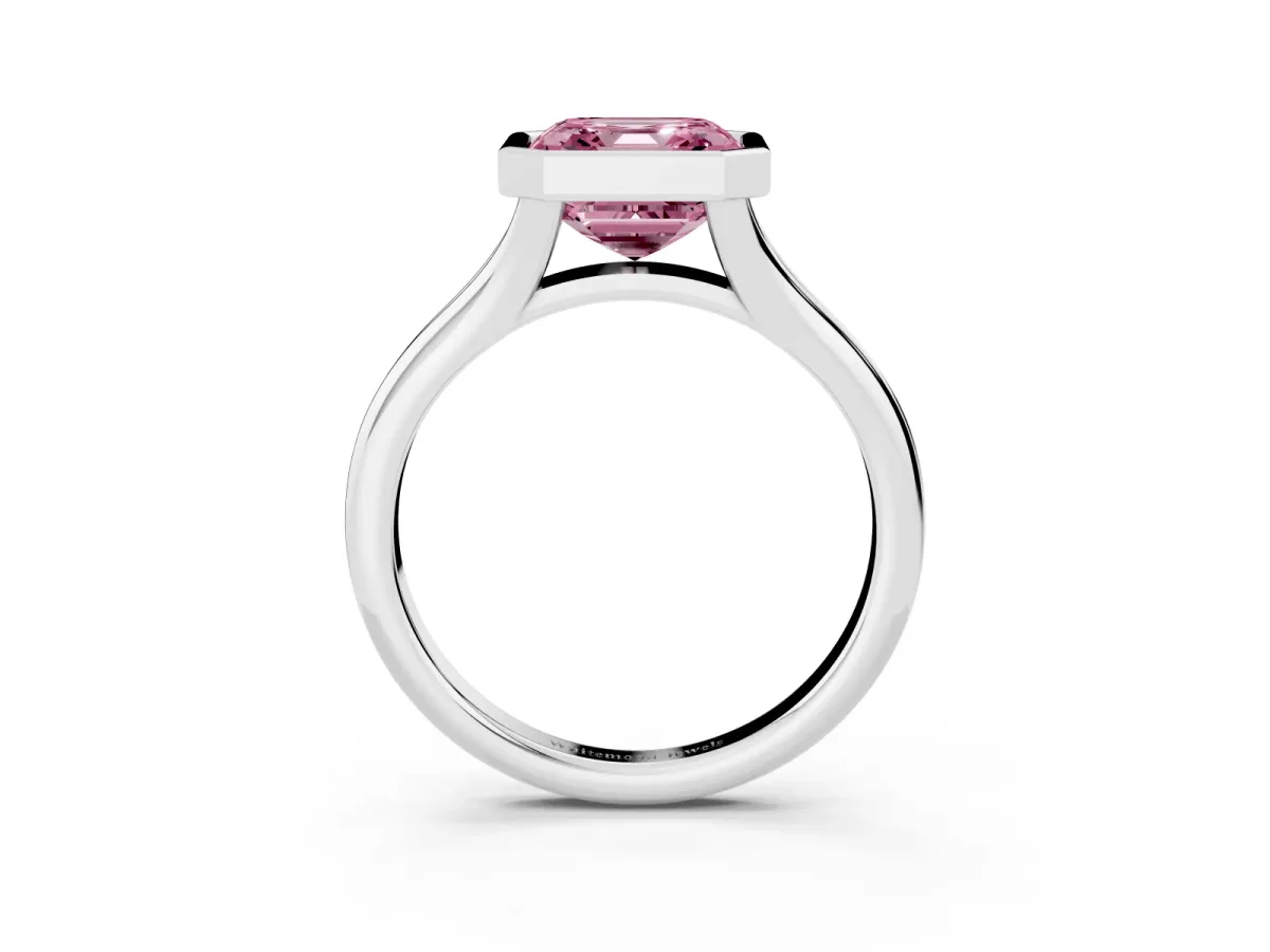 Fancy Pink Bezel Set Asscher Cut Solitaire Diamond Ring with Smooth Band Platinum