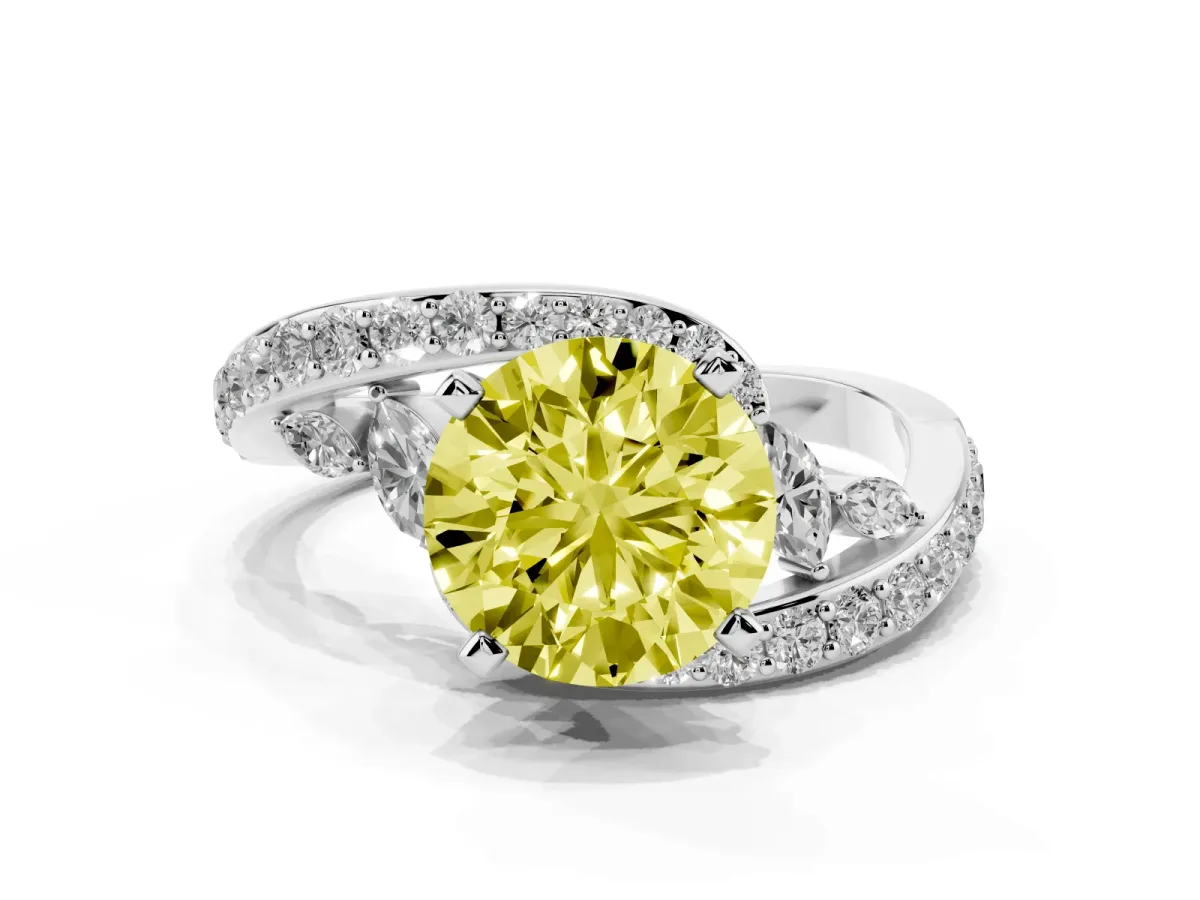 Fancy Yellow Round Cut Solitaire with Pavé Twist Band and Four-Prong Setting Silver