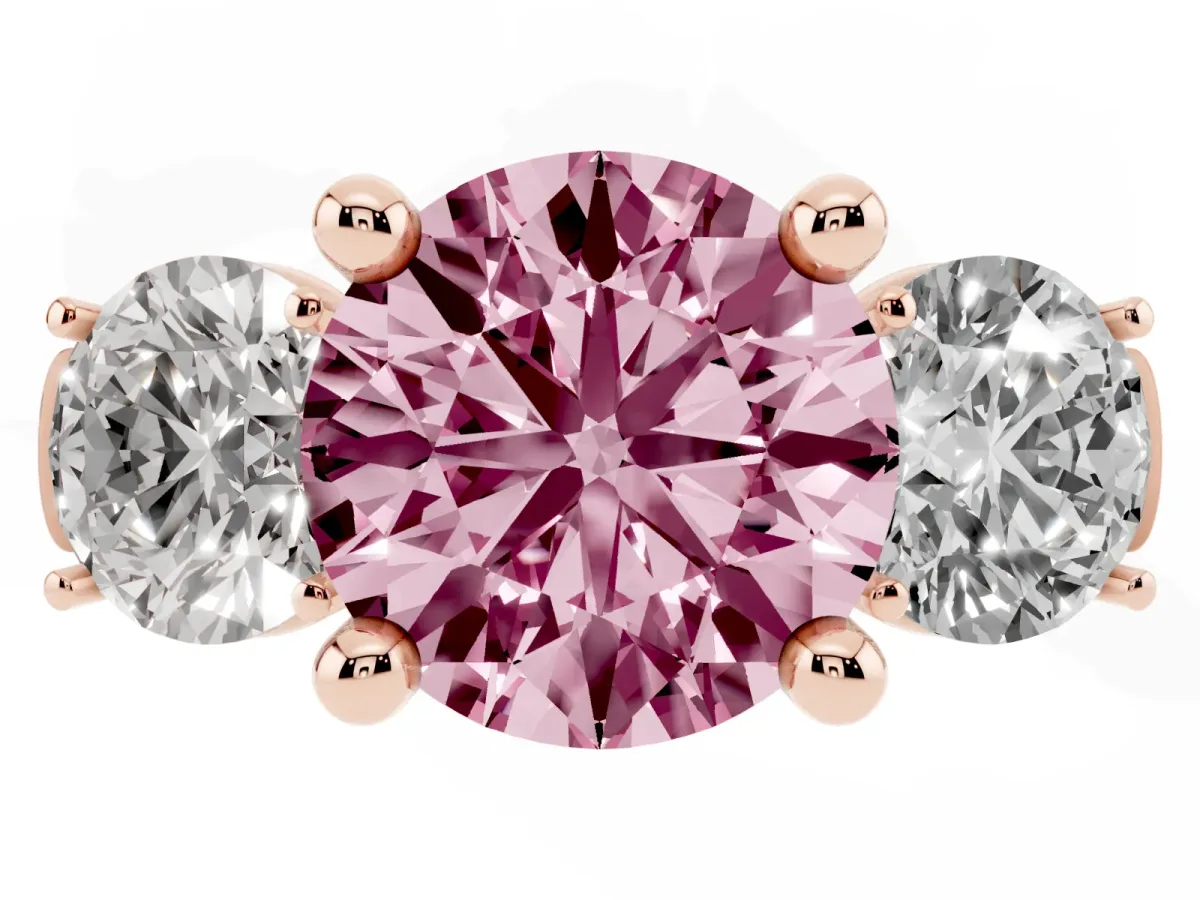 Fancy Pink Three-Stone Round Cut Brilliant Diamond Trellis Ring with Comfort Fit Band Rose gold