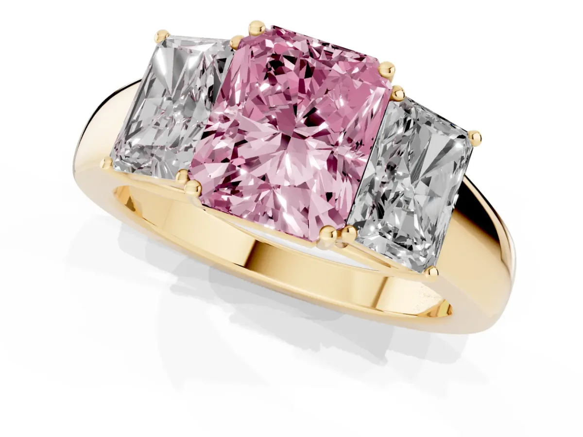 Fancy Pink Three-Stone Radiant Cut Cut Diamond Ring with Prong Setting and Classic Band Yellow gold