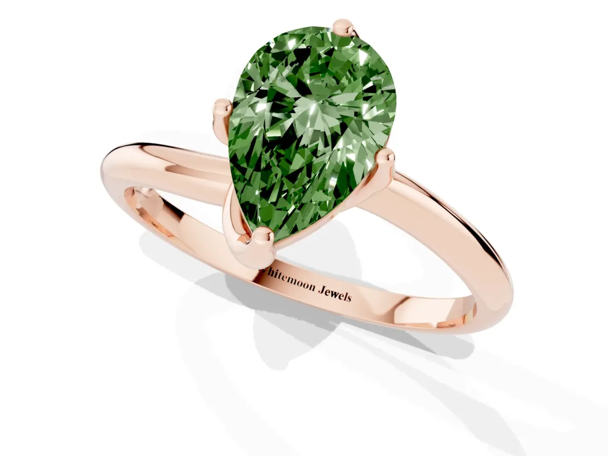 Fancy Green Pear Cut Diamond Solitaire Engagement Ring with Four-Prong Setting and Classic Band Rose gold
