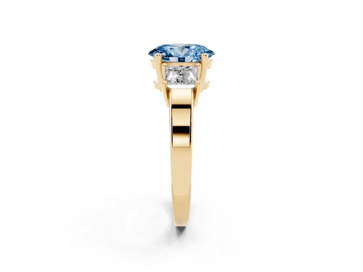 Fancy Blue Three-Stone Oval Cut Cut Solitaire Ring with Prong Setting Yellow gold