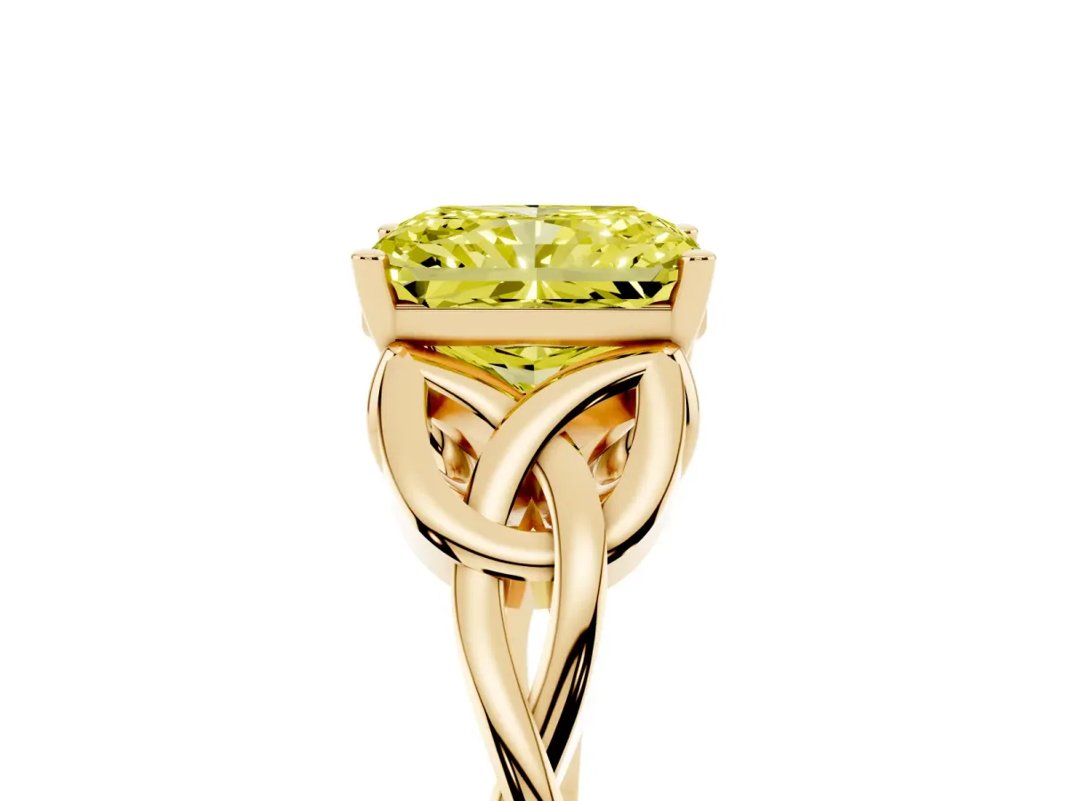 Fancy Yellow Radiant Cut Diamond Solitaire Engagement Ring with Celtic Knot Band and Four-Prong Setting Yellow gold