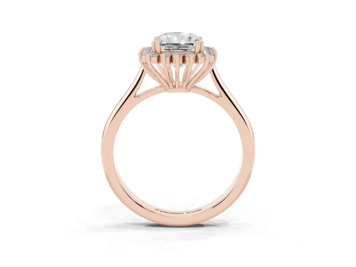 Radiant Cut Cut Diamond Halo Ring with Solitaire Band and Prong Setting Rose gold