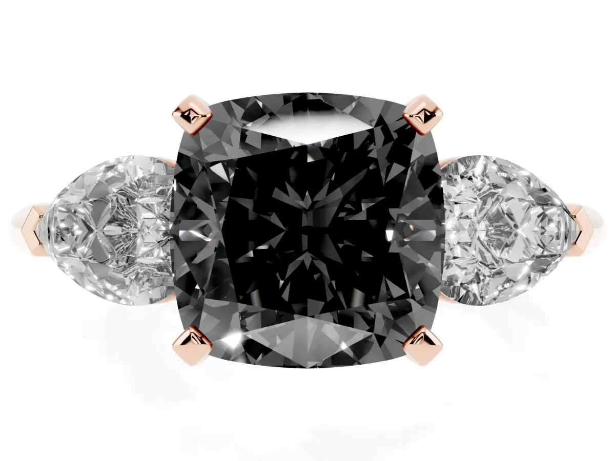 Fancy Black Three-Stone Cushion Cut Diamond Ring with Pear Side Stones and Four-Prong Setting Rose gold