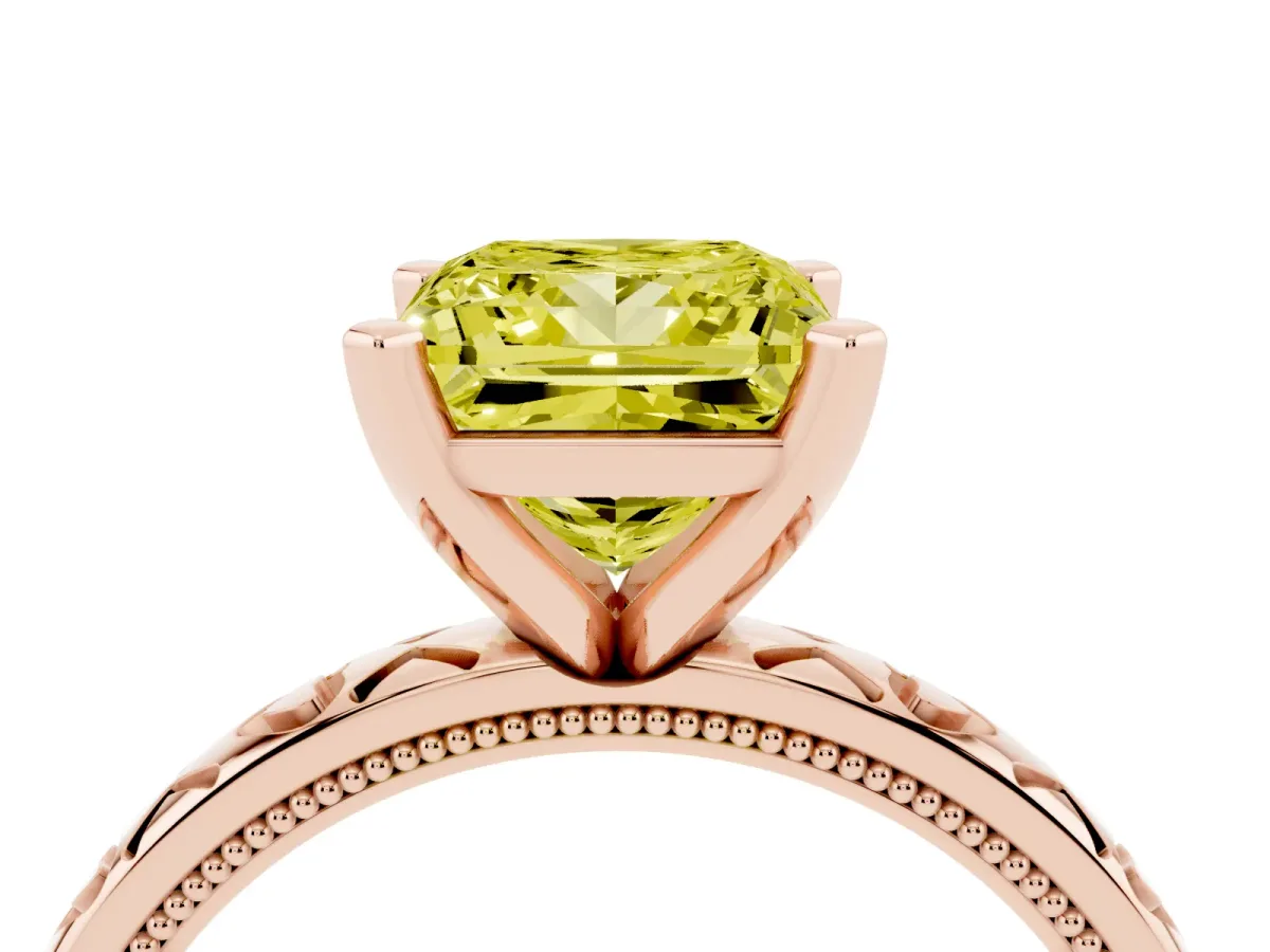 Fancy Yellow Princess Cut Solitaire Diamond Engagement Ring with XO Engraved Band and Four-Prong Setting Rose gold