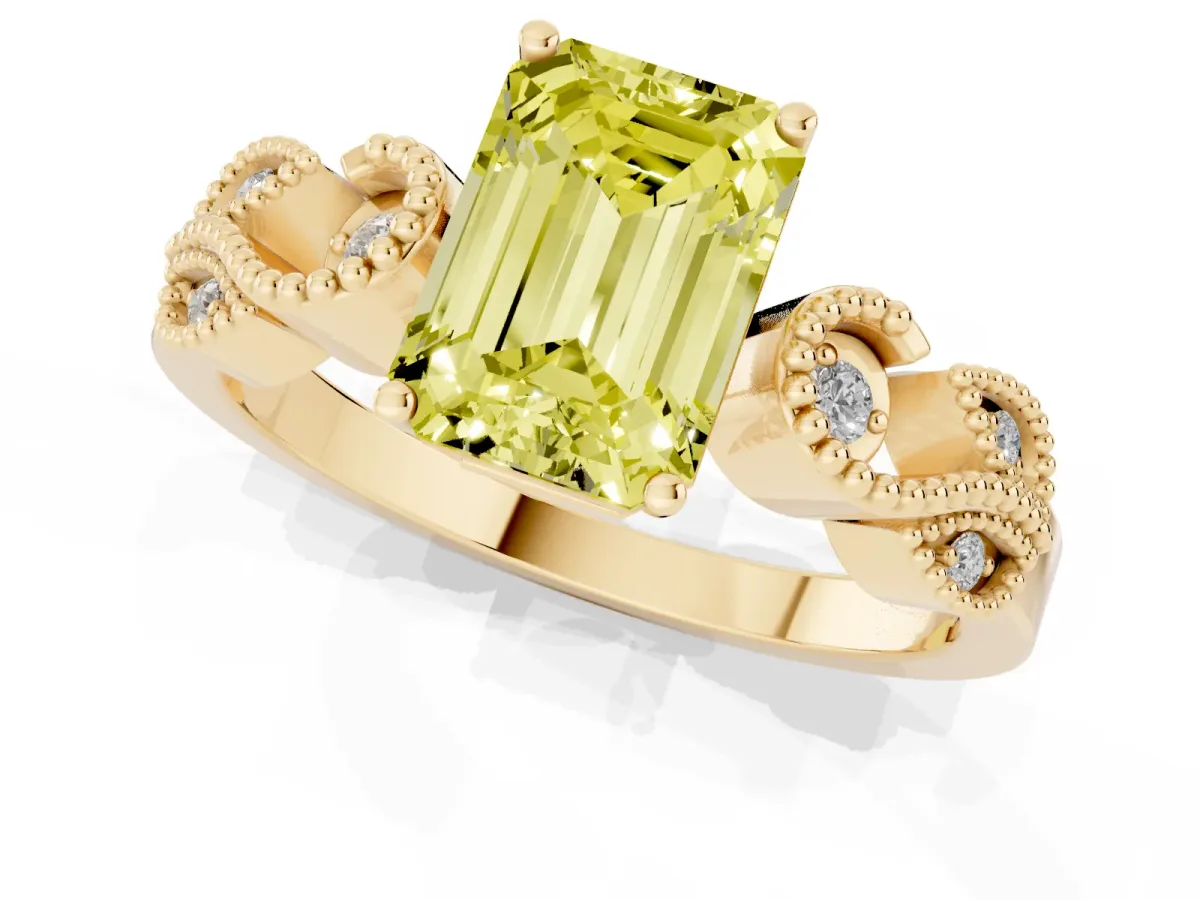 Fancy Yellow Emerald Cut Solitaire Milgrain Leaf Band with Prong Setting Yellow gold