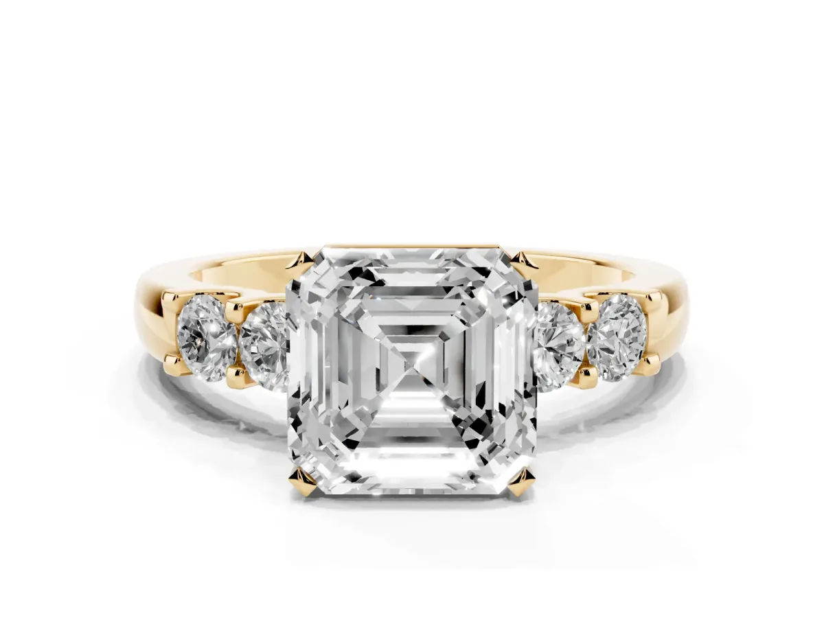 Asscher Cut Brilliant Cut Diamond Five-Stone Prong Set Engagement Ring with Channel Band Yellow gold