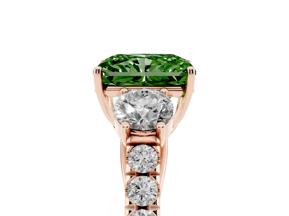 Fancy Green Radiant Cut Cut Diamond Three-Stone Ring with Round Side Stones and Pavé Band Rose gold