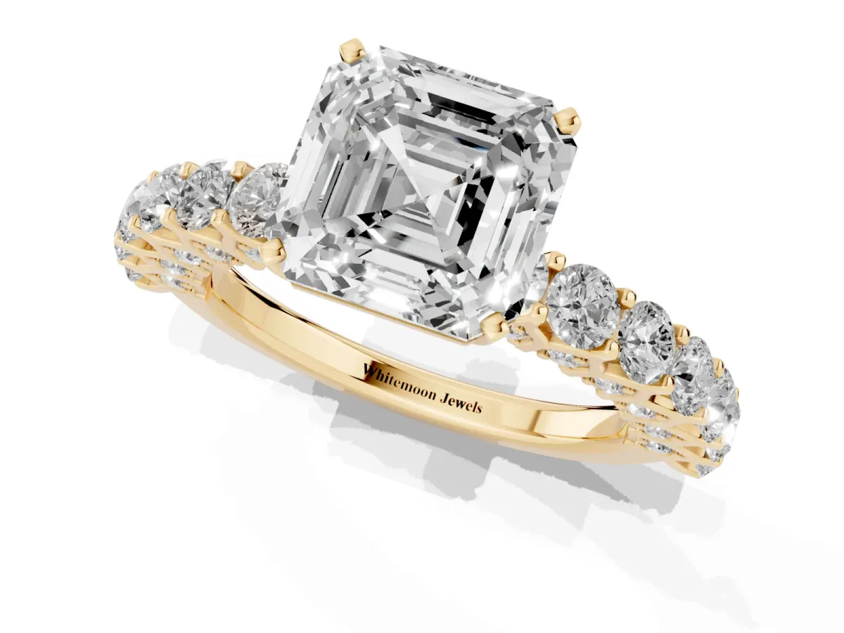 Asscher Cut Diamond Solitaire Ring with Shared Prong Pavé Band and Four-Prong Setting Yellow gold