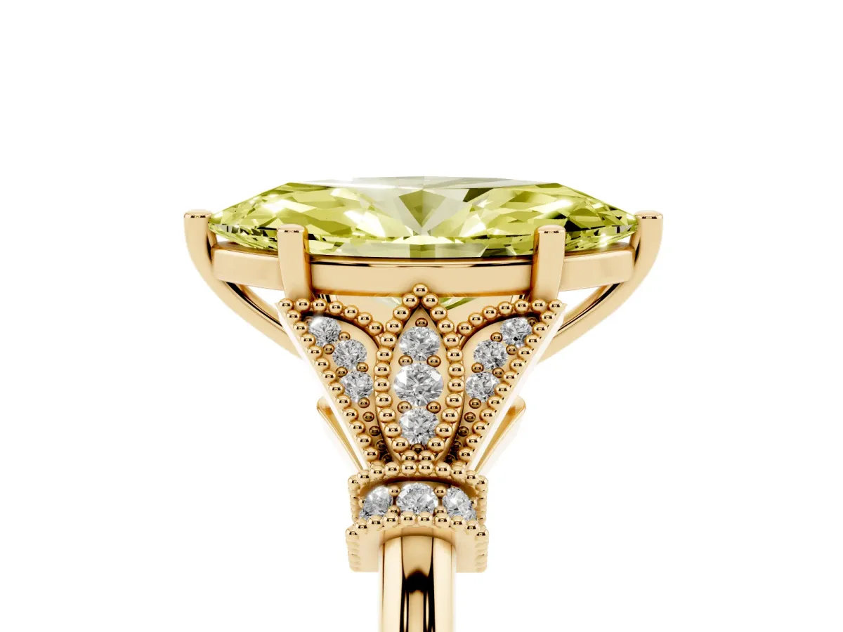 Fancy Yellow Marquise Cut Diamond Solitaire Ring with Floral Filigree and Pave Accents Yellow gold