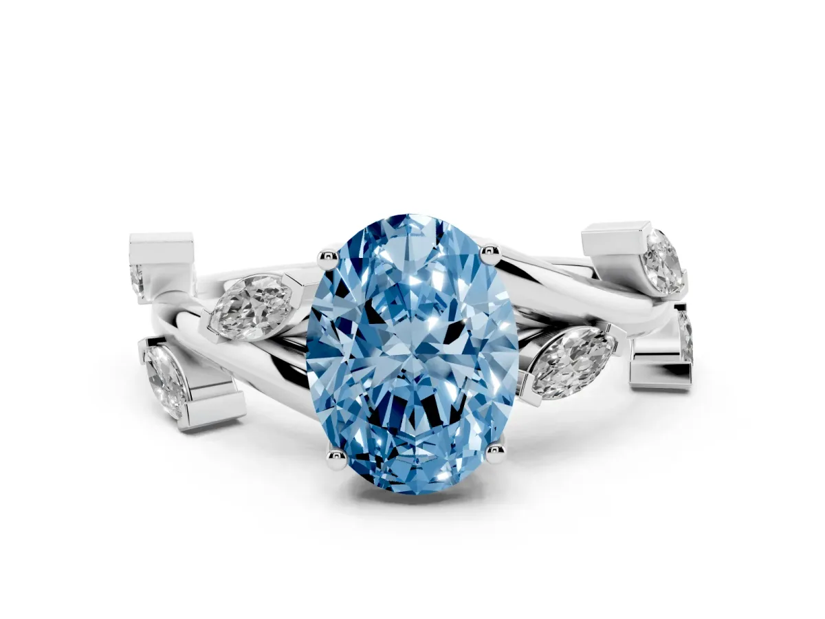 Fancy Blue Oval Cut Solitaire Twisted Band Marquise Accent Prong Setting Ring Platinum