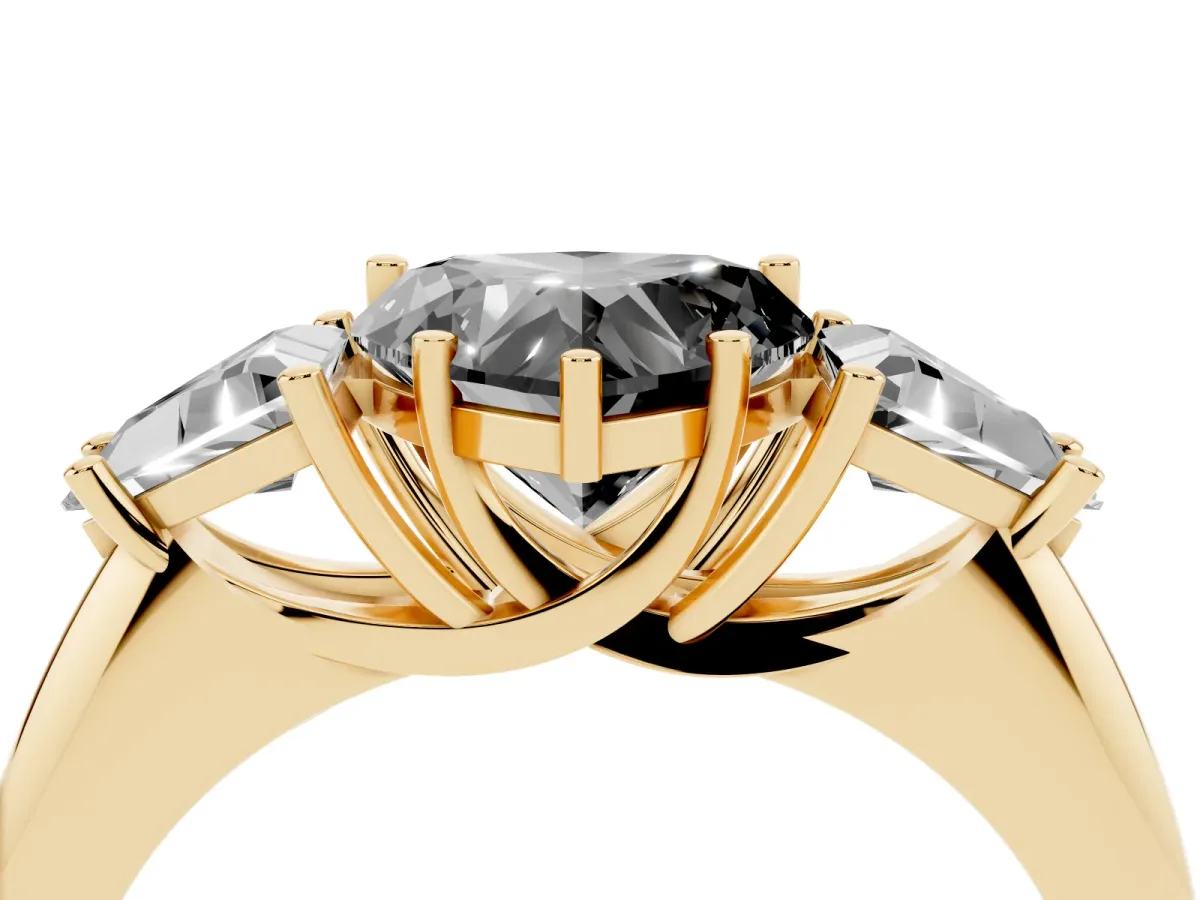 Fancy Black Three-Stone Heart Cut Diamond Engagement Ring with Trillion Side Stones and Prong Setting Yellow gold