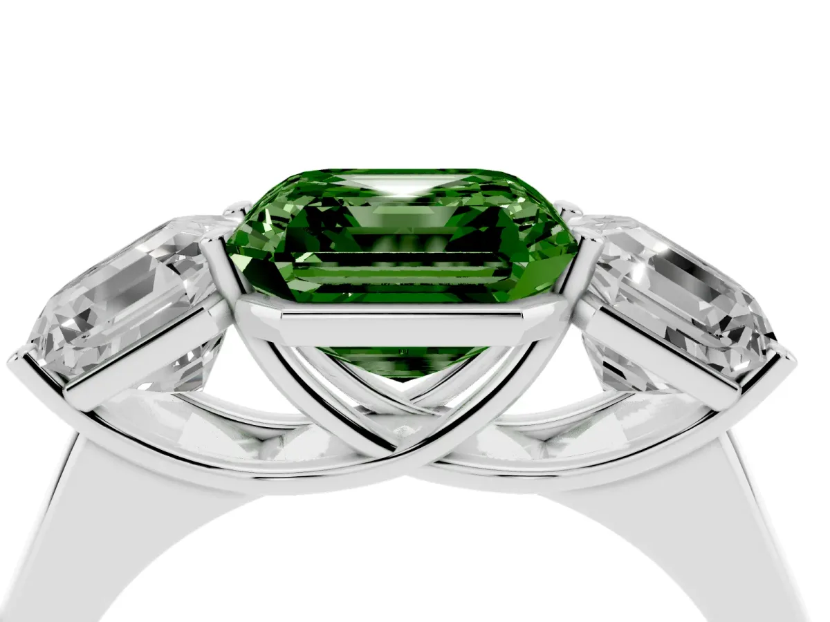 Fancy Green Asscher Cut Three-Stone Diamond Ring with Prong Setting on a Classic Band Platinum