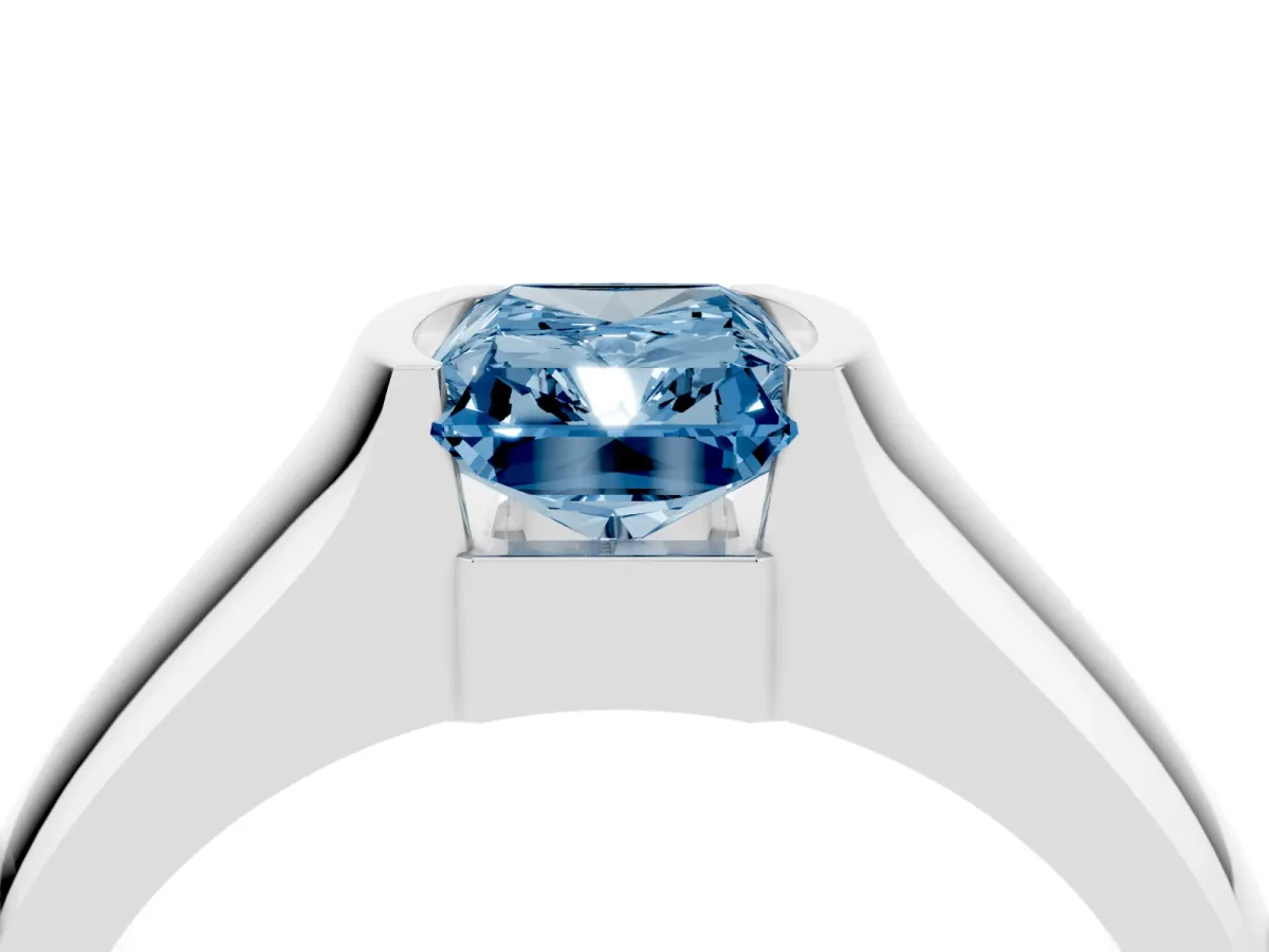 Fancy Blue Radiant Cut Solitaire Bezel Set Diamond Ring with Wide Band Platinum