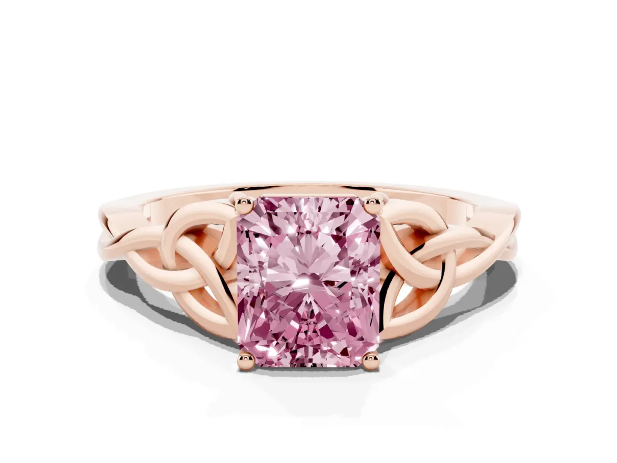 Fancy Pink Radiant Cut Diamond Solitaire Engagement Ring with Celtic Knot Band and Four-Prong Setting Rose gold