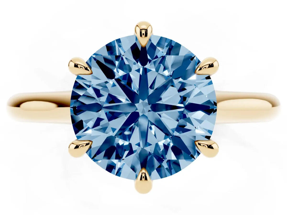 Fancy Blue Round Cut Solitaire Engagement Ring with Six-Prong Setting and Classic Band Yellow gold
