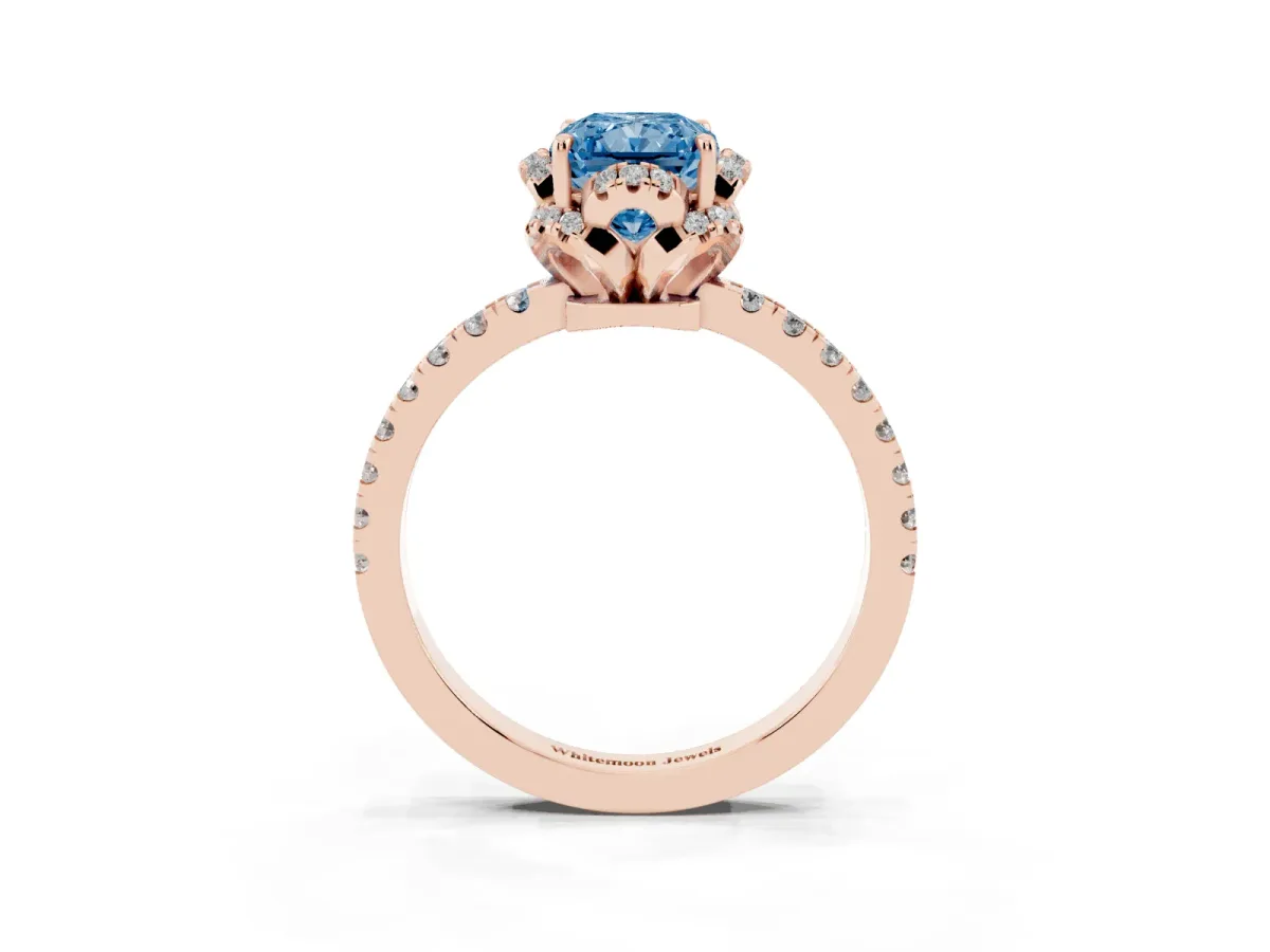 Fancy Blue Radiant Cut Diamond Halo Pave Band with Four-Prong Setting Rose gold