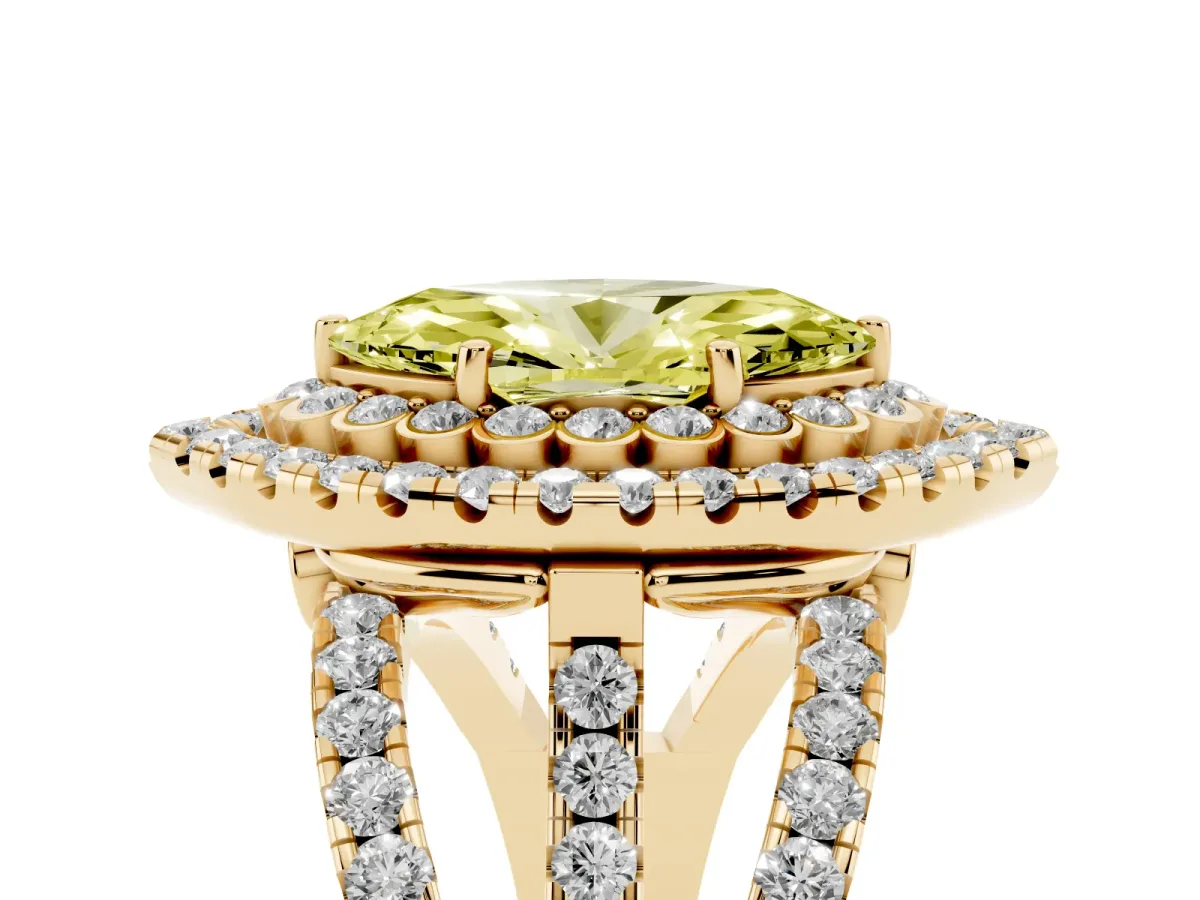 Fancy Yellow Marquise Cut Diamond Double Halo Ring with Round Pavé Split Shank and Prong Setting Yellow gold