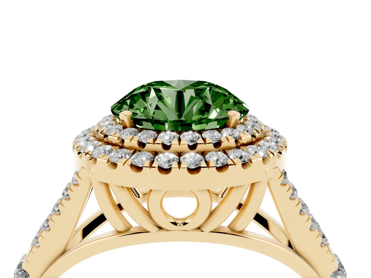 Fancy Green Round Cut Cut Double Halo Split Shank Diamond Ring with Prong Setting Yellow gold