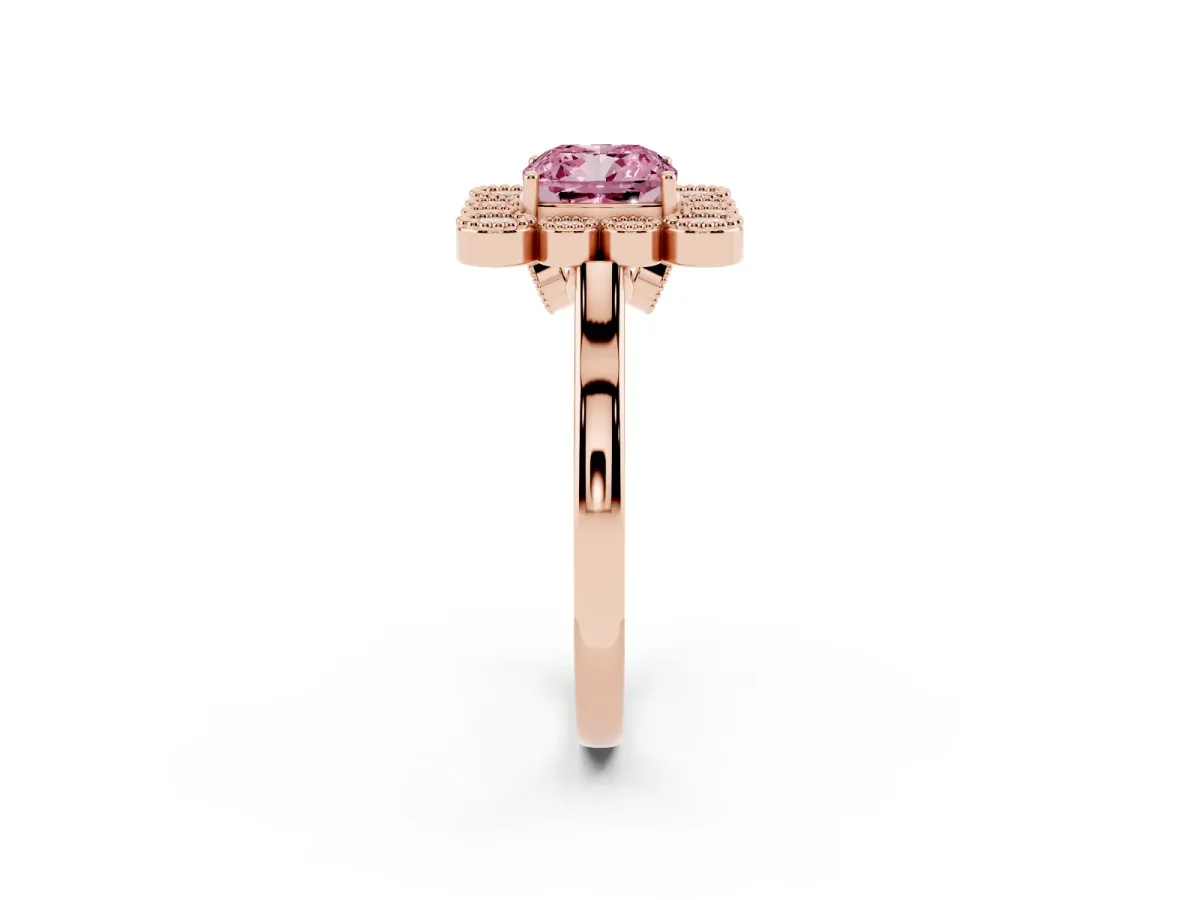 Fancy Pink Cushion Cut Halo Diamond Cluster Engagement Ring with Milgrain Bezel Setting and Solitaire Band Rose gold