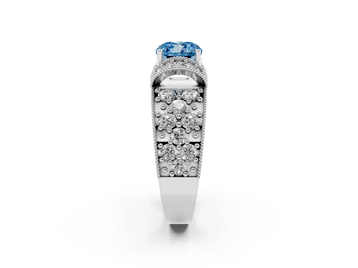 Fancy Blue Cushion Cut Halo Pave Diamond Engagement Ring with Milgrain Detailing Platinum