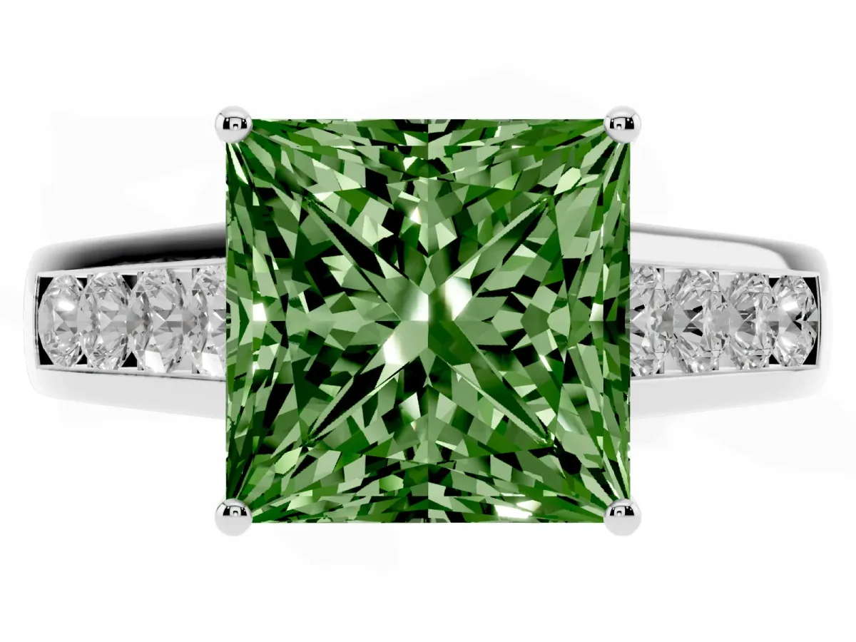 Fancy Green Princess Cut Brilliant Channel-Set Solitaire Ring with Four-Prong Setting Platinum