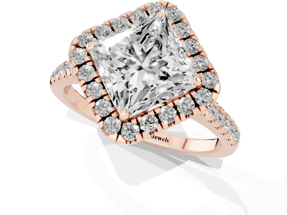 Princess Cut Diamond Cushion Halo Ring with Pavé Band Rose gold