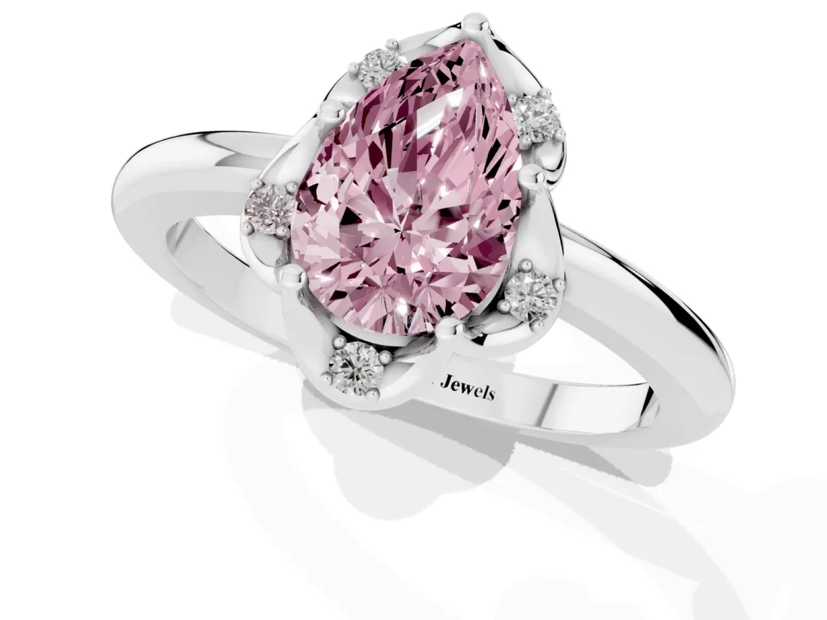 Fancy Pink Pear Cut Halo Diamond Ring with Round Cluster Setting, Solitaire Band, and Four-Prong Setting Platinum