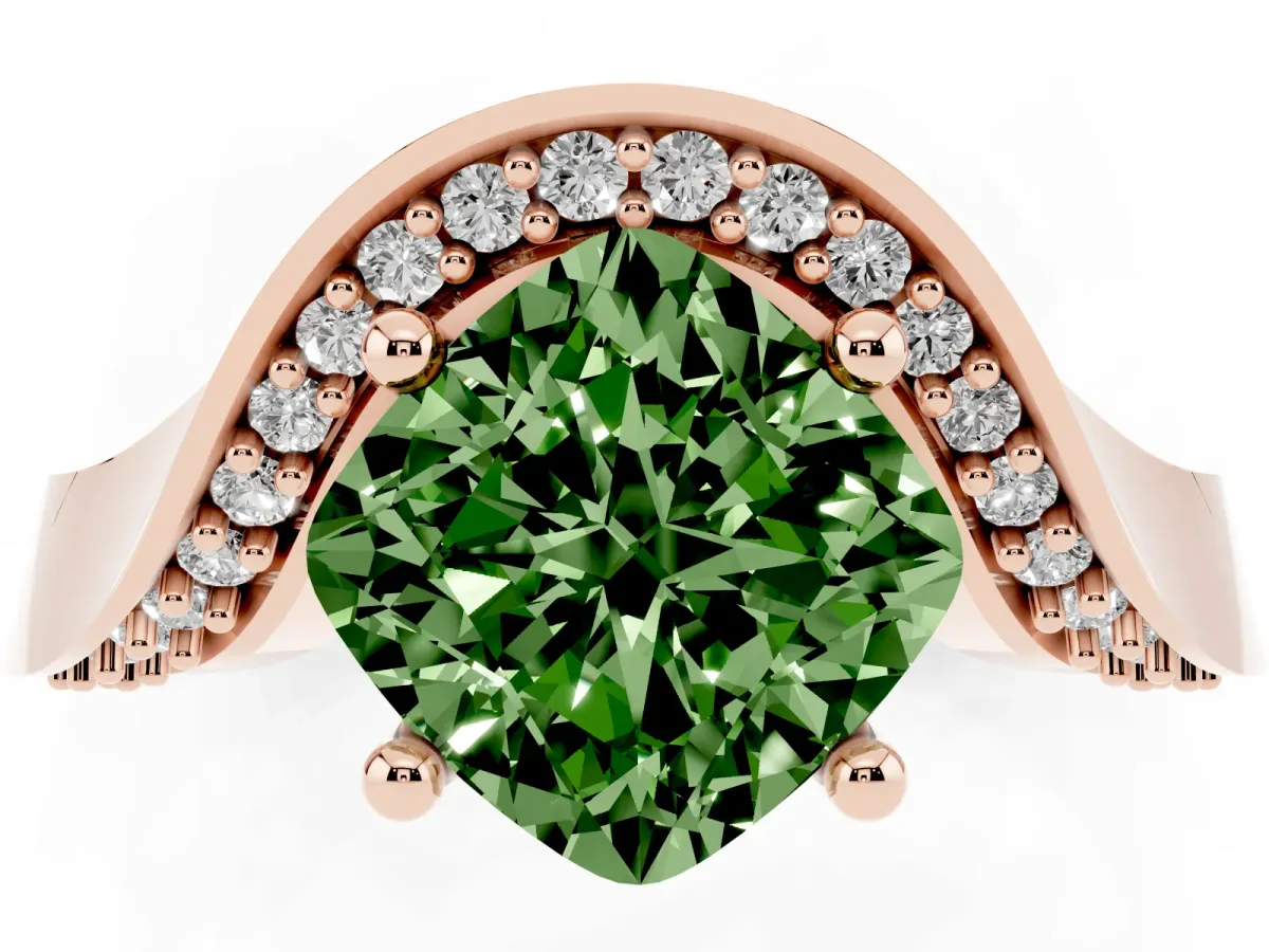 Fancy Green Cushion Cut Solitaire Diamond Engagement Ring with Pave Band and Four-Prong Setting Rose gold