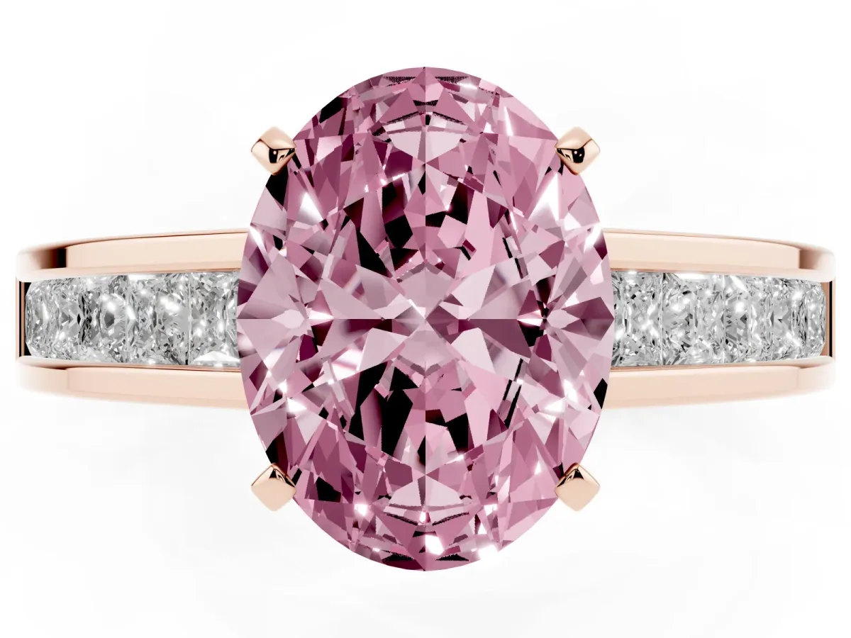 Fancy Pink Oval Cut Solitaire Diamond Ring with Channel-Set Band and Four-Prong Setting Rose gold
