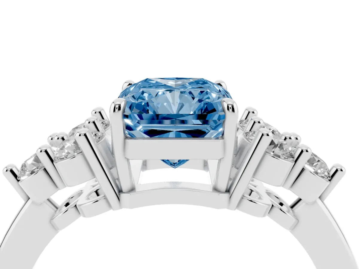 Fancy Blue Radiant Cut Brilliant Diamond Cluster Accent Solitaire Ring with Prong Setting Platinum