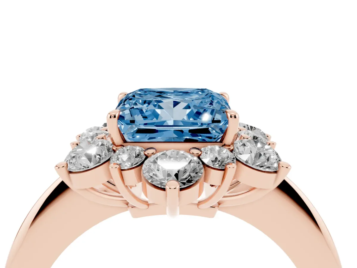 Fancy Blue Princess Cut Diamond Cluster Halo Ring with Solitaire Band and Four-Prong Setting Rose gold