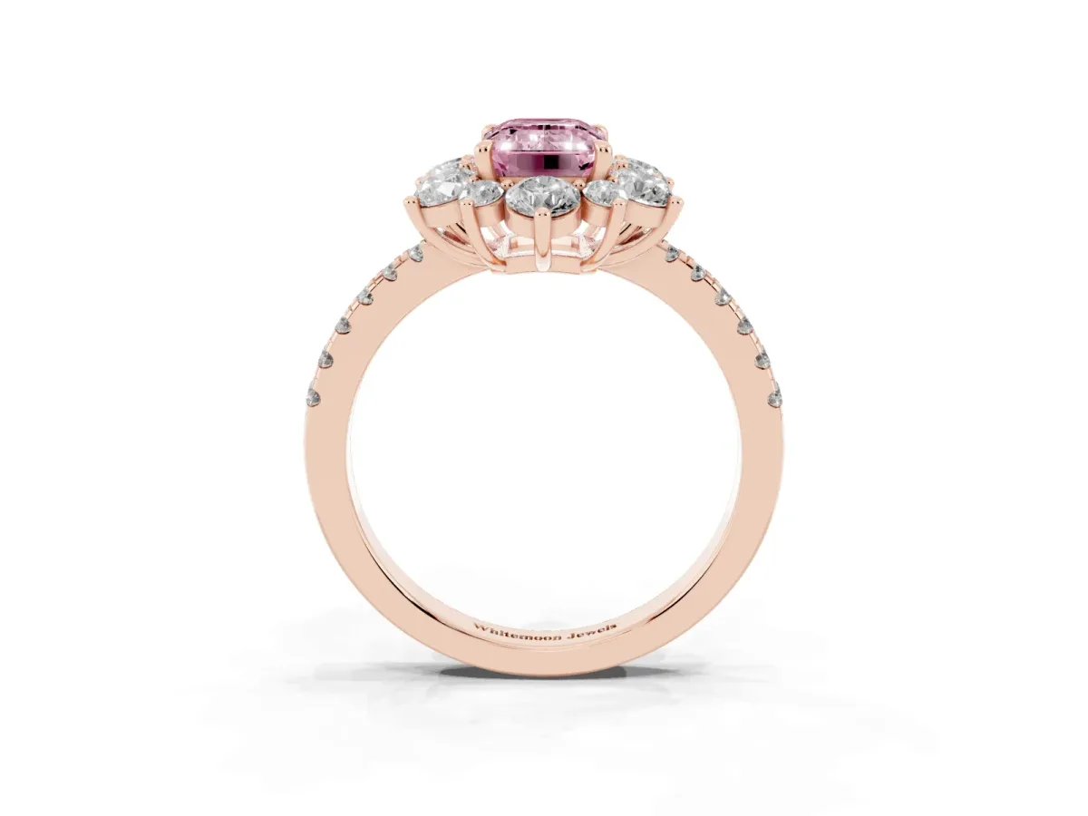 Fancy Pink Emerald Cut Diamond Floral Halo Ring with Round Pavé Band and Prong Setting Rose gold