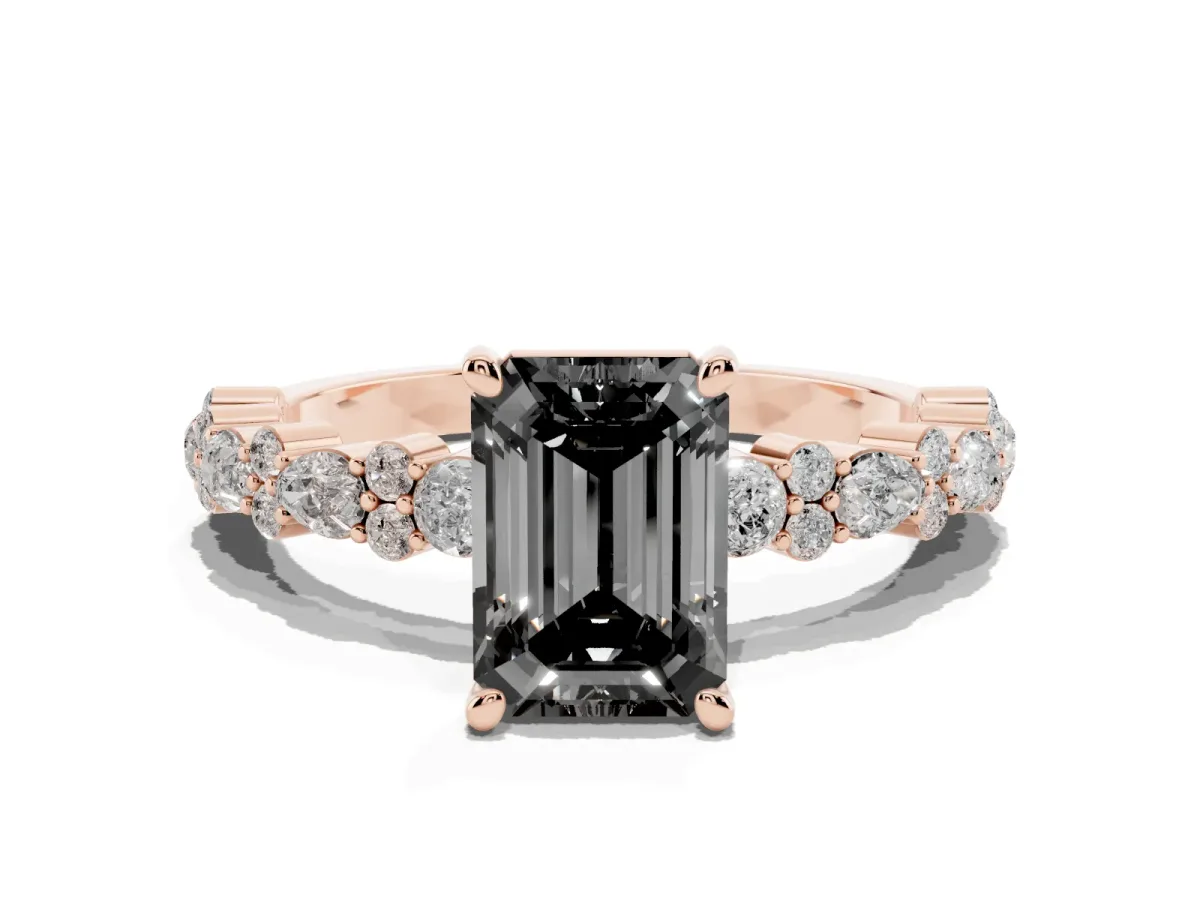 Fancy Black Emerald Cut Diamond Side Stone Solitaire Ring with Round and Four-Prong Setting Rose gold