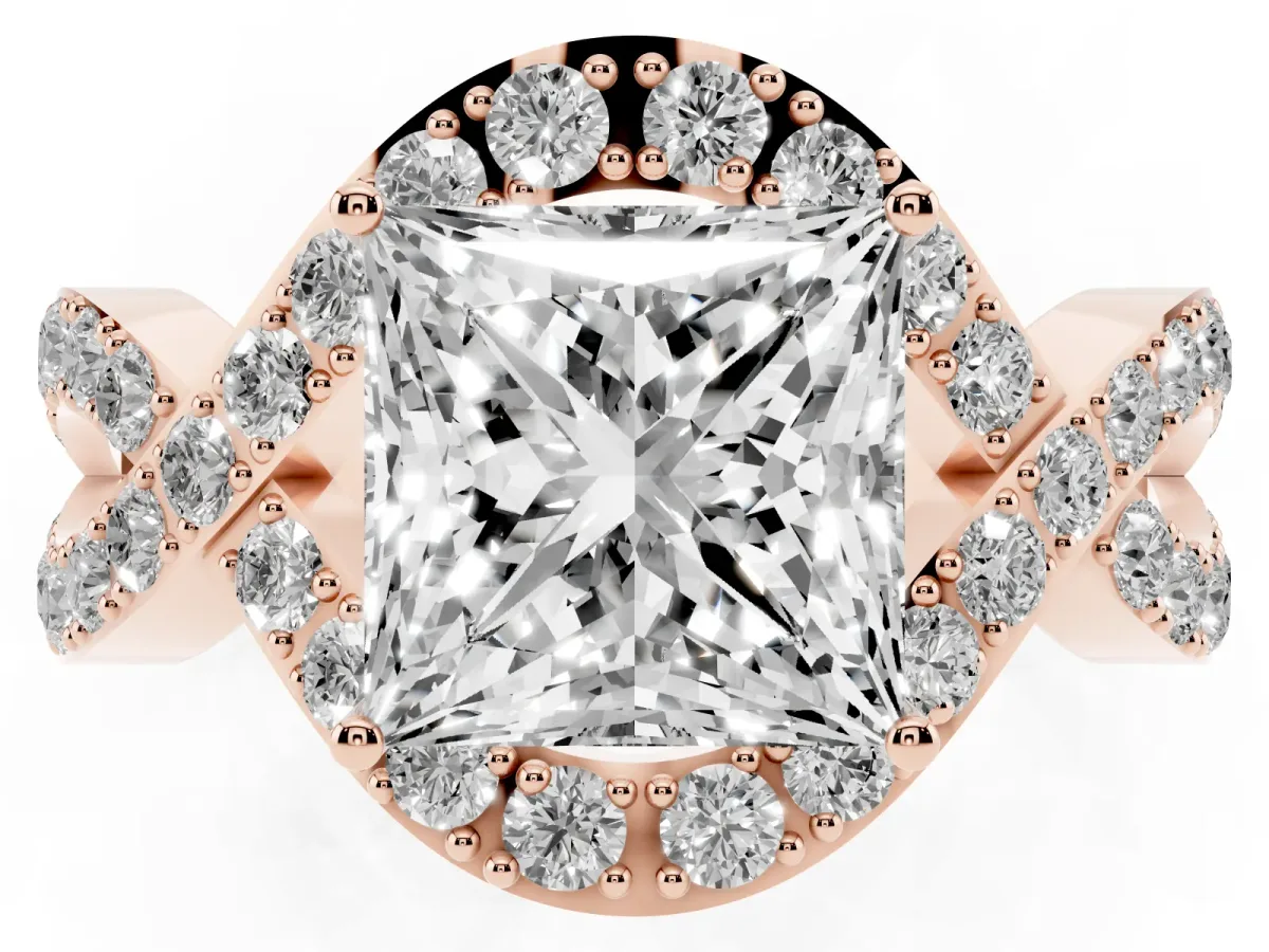 Princess Cut Solitaire Twist Band Pavé Diamond Engagement Ring Rose gold