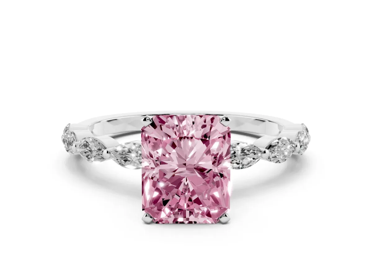 Fancy Pink Radiant Cut Diamond Ring with Marquise Side Stones and Prong Setting Platinum