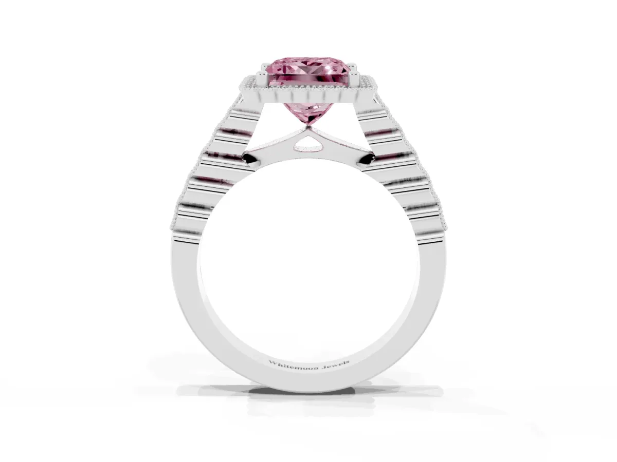 Fancy Pink Princess Cut Cut Halo Pavé Solitaire Ring with Milgrain Band White gold