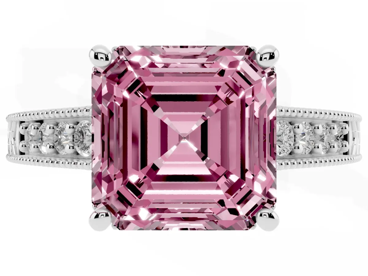 Fancy Pink Asscher Cut Solitaire Pavé Diamond Milgrain Engagement Ring with Four-Prong Setting Platinum