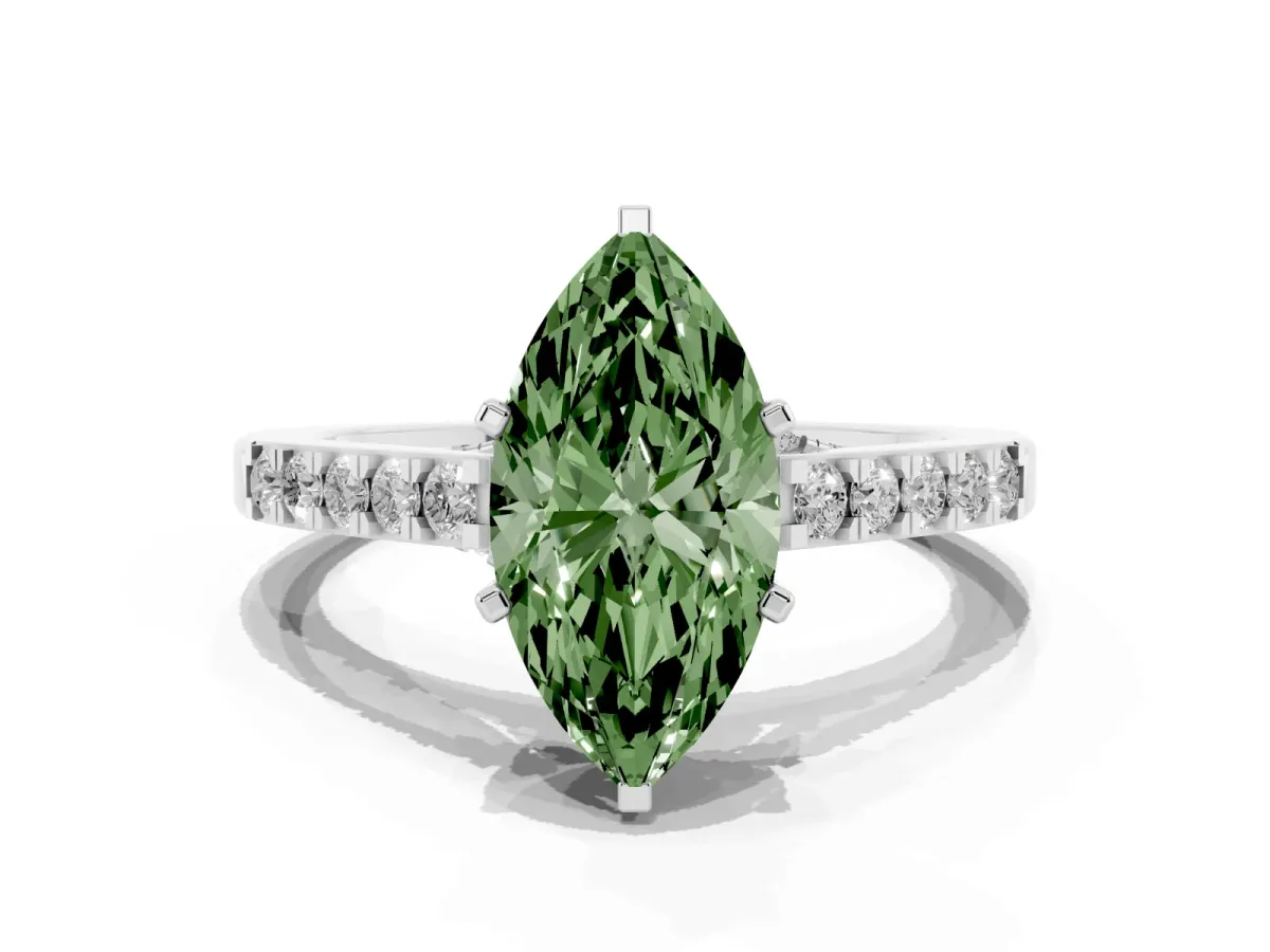 Fancy Green Marquise Cut Diamond Solitaire Ring with Crossover Gallery and Round Pavé Band White gold