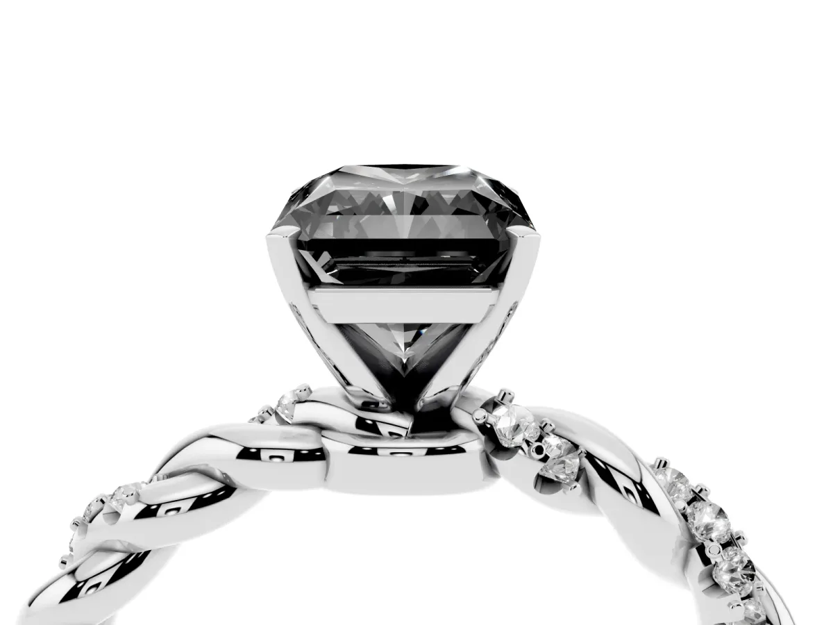 Fancy Black Radiant Cut Diamond Solitaire Ring with Twisted Band and Pavé Accents White gold