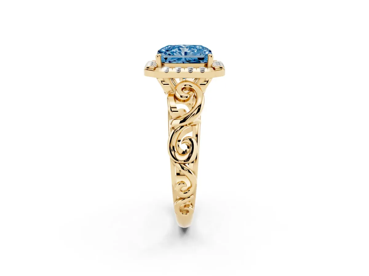 Fancy Blue Radiant Cut Cut Halo Diamond Ring with Scrollwork Band and Four-Prong Setting Yellow gold